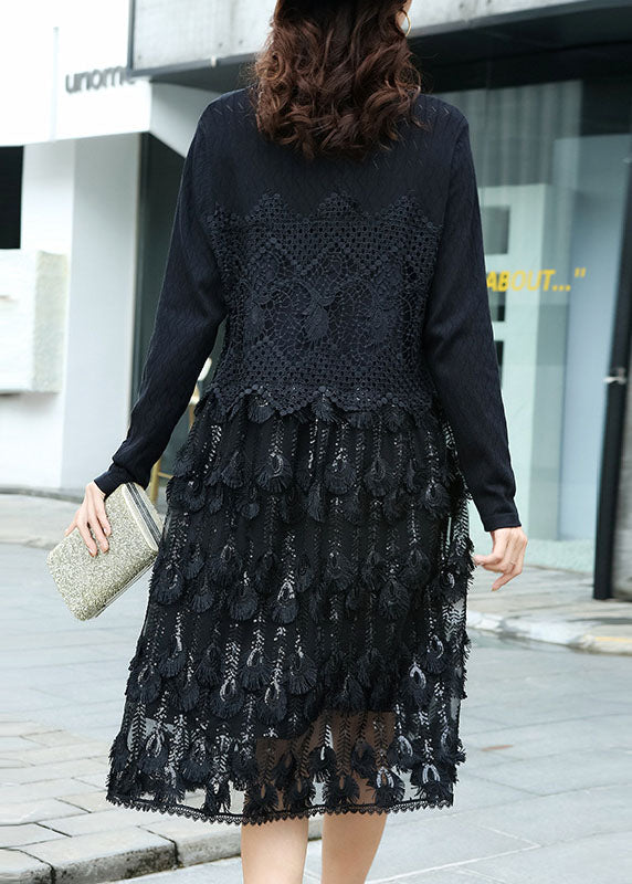Black Hollow Out Lace Patchwork Knit Dress O Neck Spring LY0002