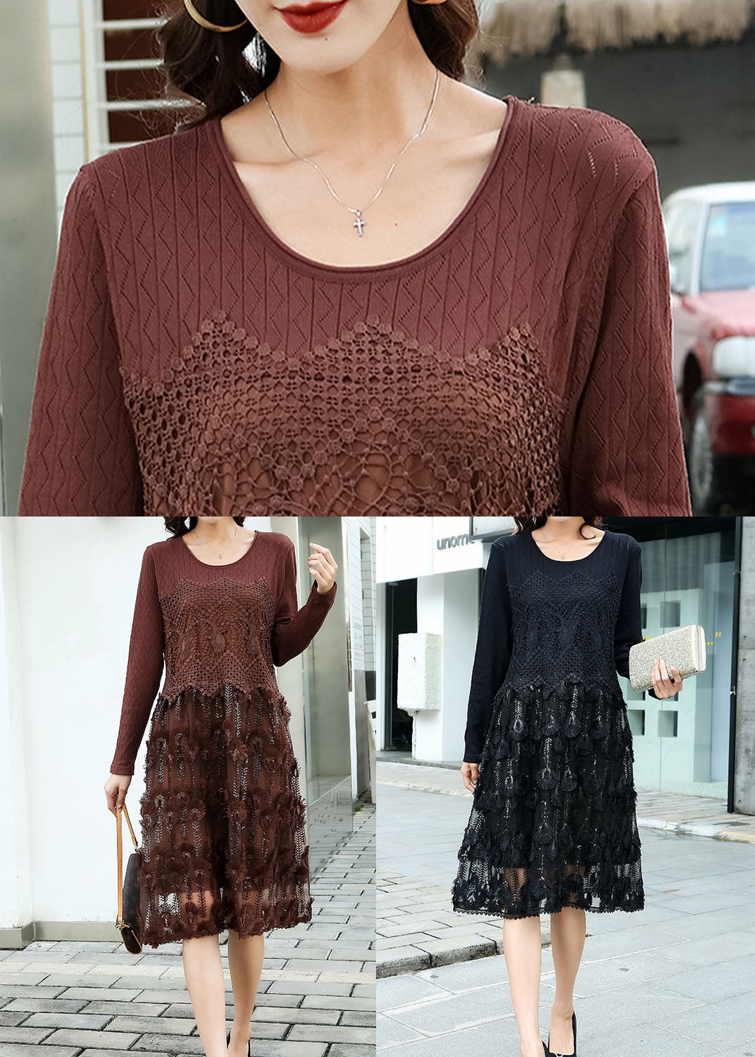 Black Hollow Out Lace Patchwork Knit Dress O Neck Spring LY0002