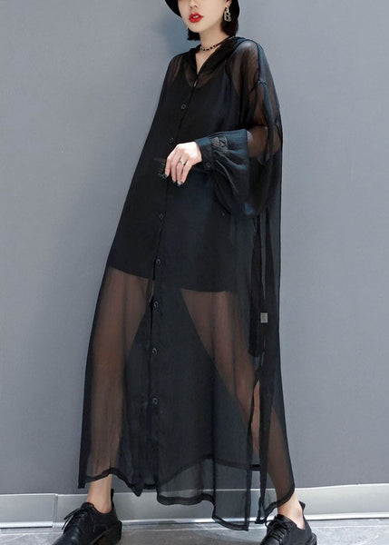 Black Loose Chiffon UPF 50+ Cardigans Oversized Side Open Summer LY1656