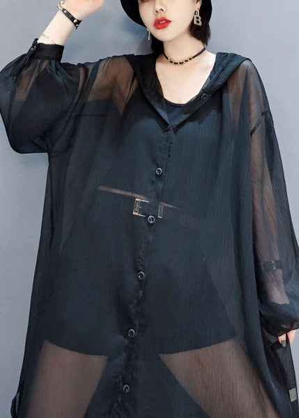 Black Loose Chiffon UPF 50+ Cardigans Oversized Side Open Summer LY1656