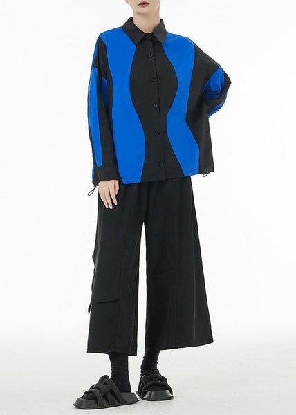 Black Loose Cotton Blouses Peter Pan Collar Button Spring LC0147