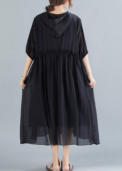 Black Neck Tie Ruffled Long Dresses Short Sleeve AC2016