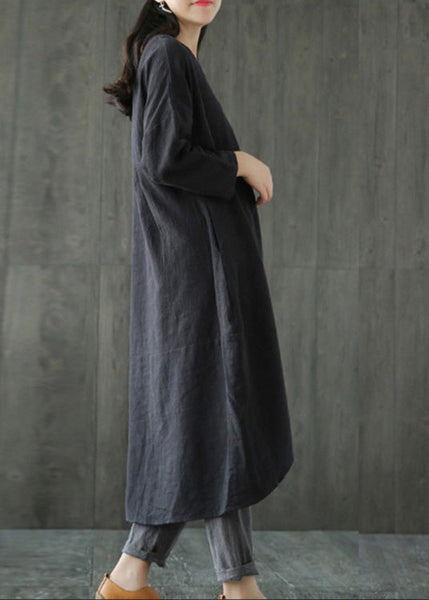 Black O-Neck Asymmetrical Linen Long Dress Long Sleeve LC0002