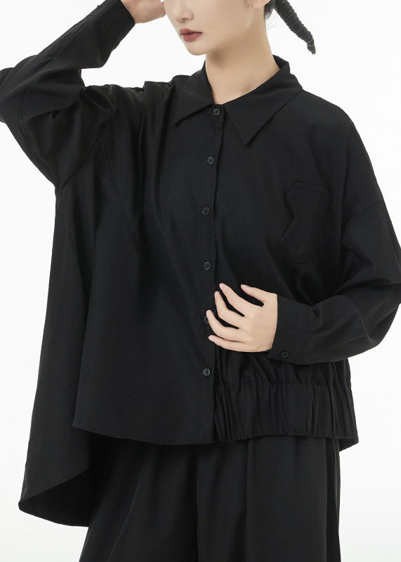 Black Oversized Cotton Blouse Tops Low High Design Batwing Sleeve TS1072