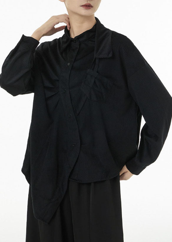 Black Oversized Silk Velour Shirt Top Asymmetrical Design Spring TS1048