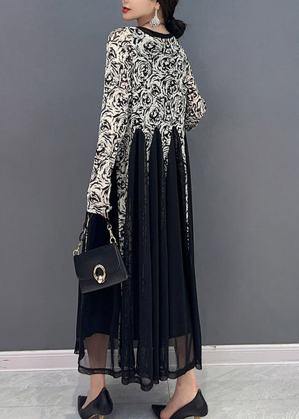 Black Patchwork Button Tulle Long Dresses Long Sleeve LC0363