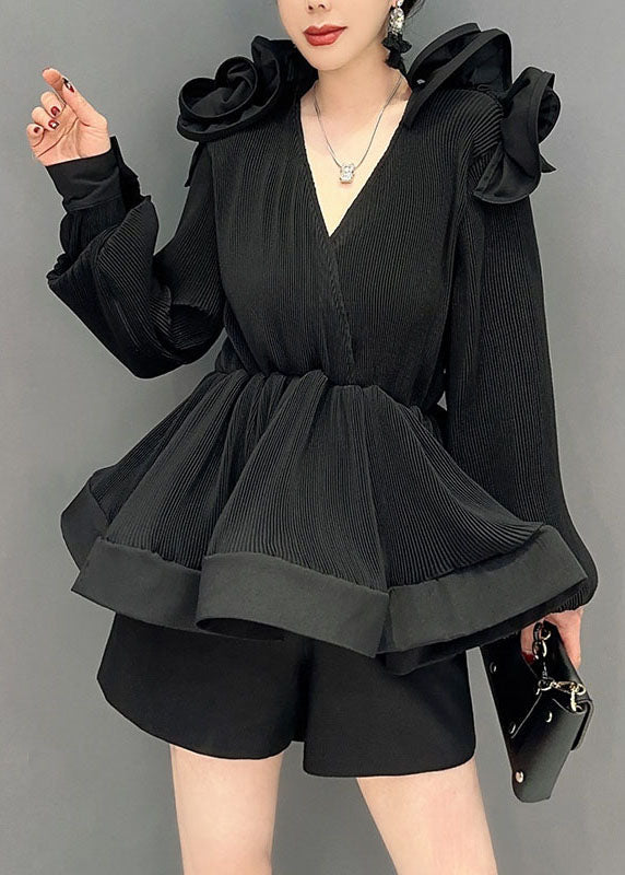 Black Patchwork Chiffon Shirt Tops Wrinkled Tunic Spring LC0345