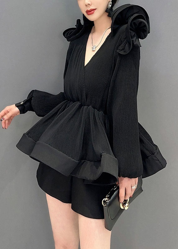 Black Patchwork Chiffon Shirt Tops Wrinkled Tunic Spring LC0345