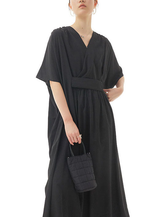 Black Patchwork Cotton Long Dresses V Neck Wrinkled Summer LY1150