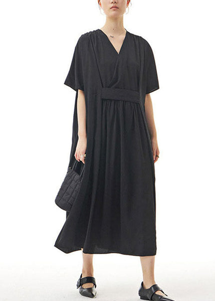 Black Patchwork Cotton Long Dresses V Neck Wrinkled Summer LY1150