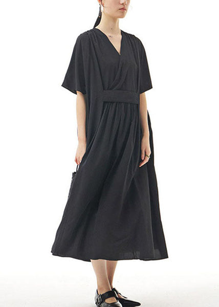 Black Patchwork Cotton Long Dresses V Neck Wrinkled Summer LY1150