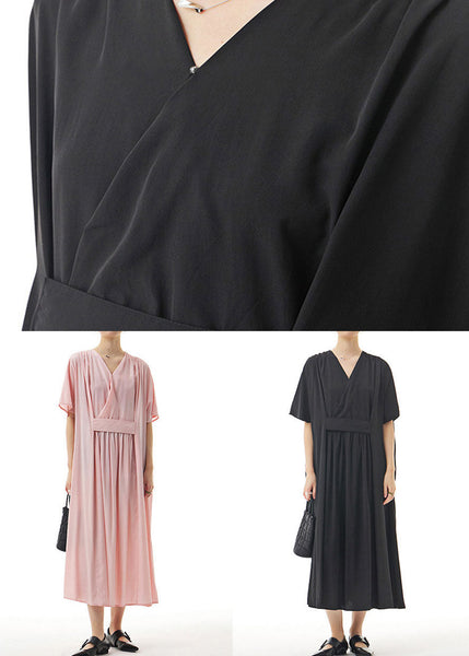 Black Patchwork Cotton Long Dresses V Neck Wrinkled Summer LY1150