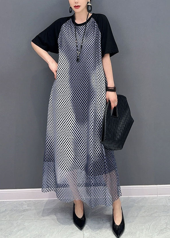 Black Patchwork Cotton Maxi Dresses O Neck Sheer Mesh Short Sleeve LC0325