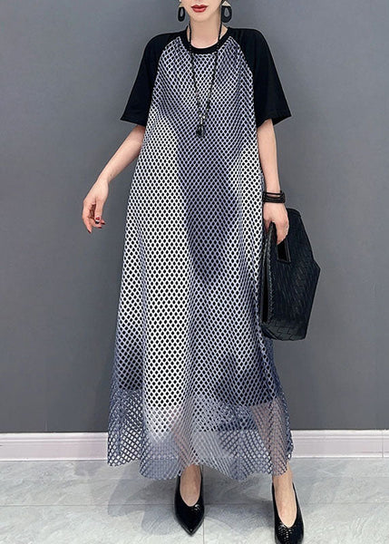 Black Patchwork Cotton Maxi Dresses O Neck Sheer Mesh Short Sleeve LC0325