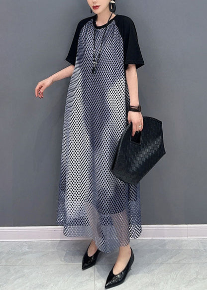 Black Patchwork Cotton Maxi Dresses O Neck Sheer Mesh Short Sleeve