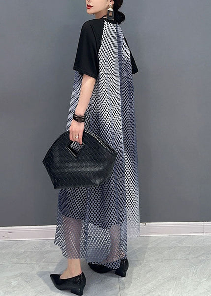 Black Patchwork Cotton Maxi Dresses O Neck Sheer Mesh Short Sleeve LC0325