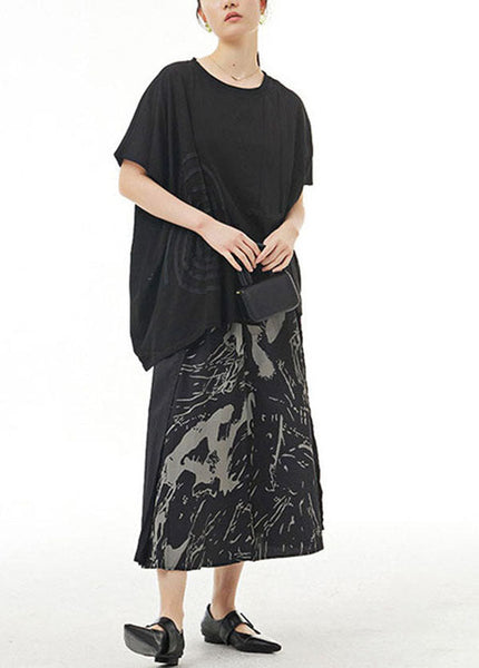 T-shirt noir patchwork en coton, col rond, coupe ample, été LY1146