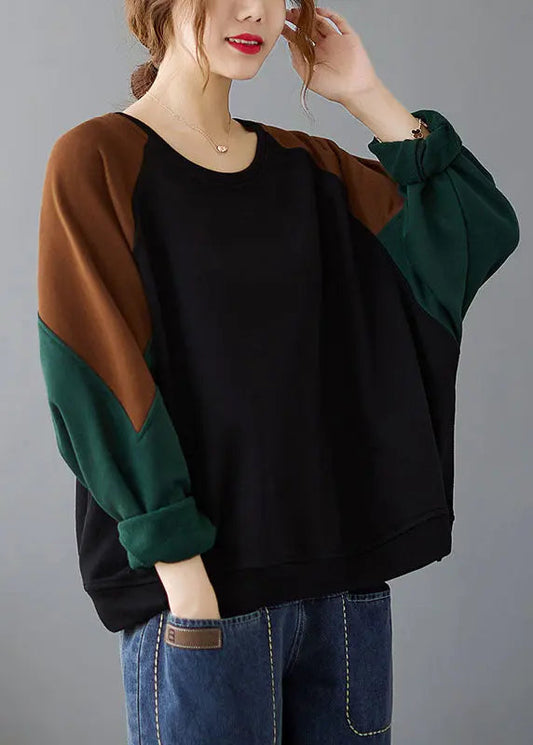 Black Patchwork Cozy Pullover Long Sleeve Ada Fashion