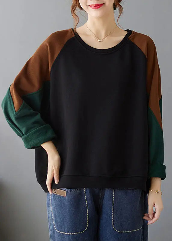 Black Patchwork Cozy Pullover Long Sleeve Ada Fashion
