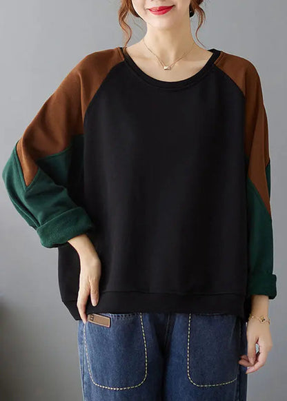 Black Patchwork Cozy Pullover Long Sleeve Ada Fashion