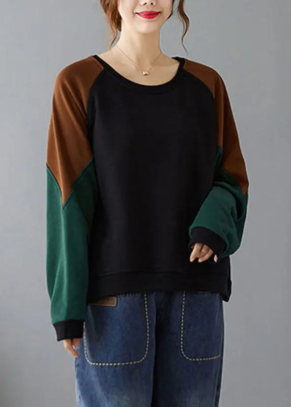 Black Patchwork Cozy Pullover Long Sleeve Ada Fashion