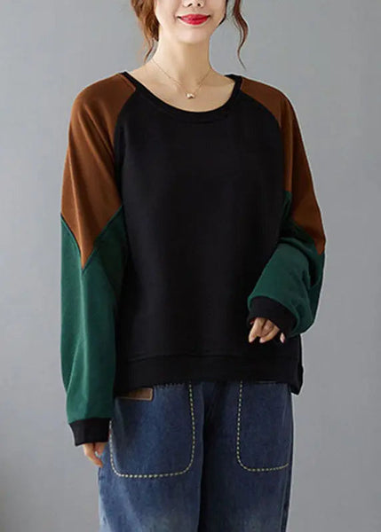 Black Patchwork Cozy Pullover Long Sleeve Ada Fashion