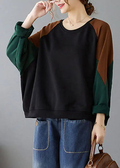 Black Patchwork Cozy Pullover Long Sleeve Ada Fashion