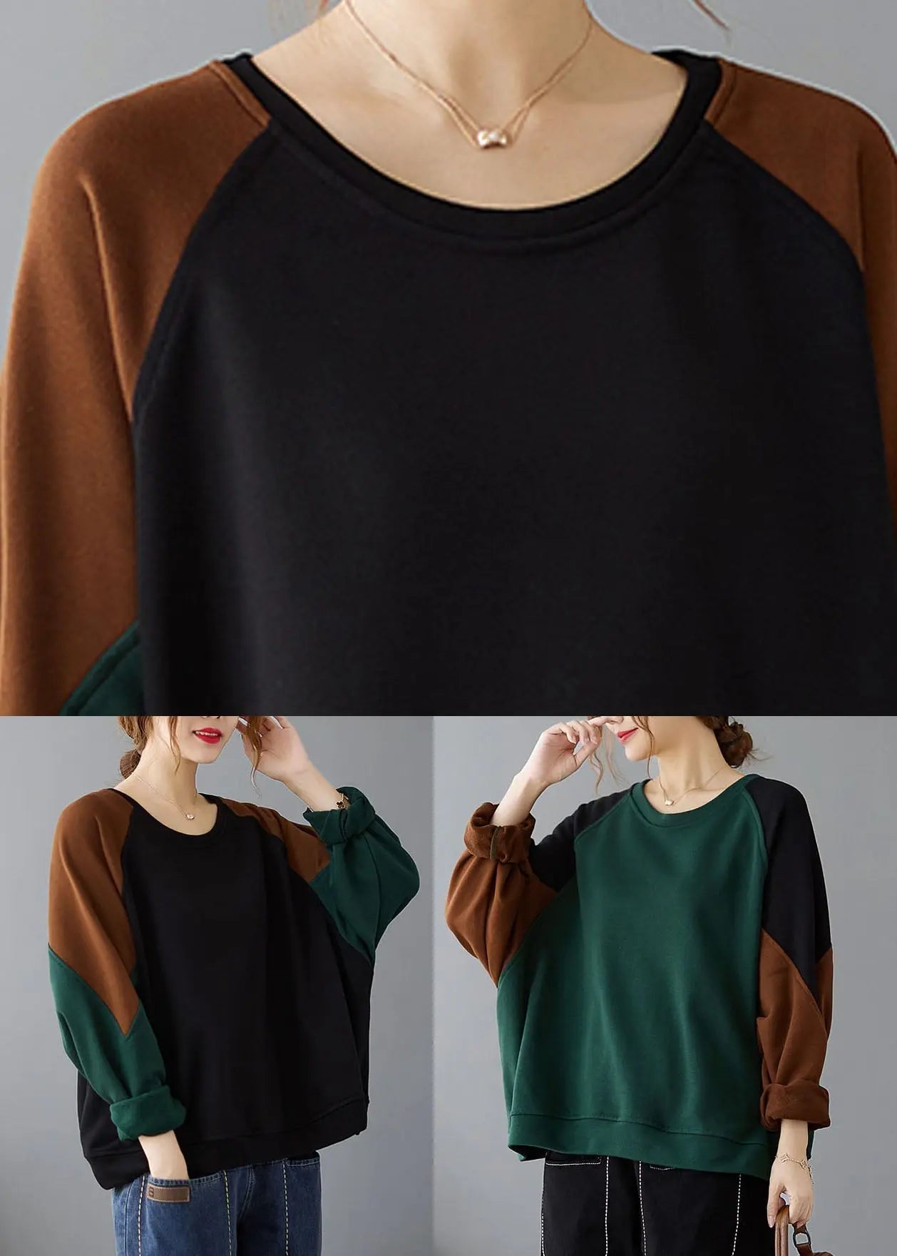 Black Patchwork Cozy Pullover Long Sleeve Ada Fashion