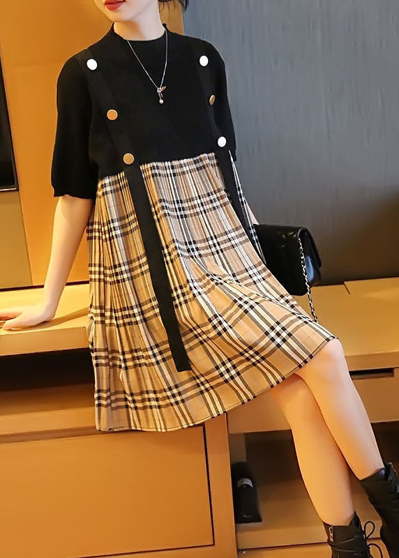 Black Patchwork Knit Fake Two Piece Dress Oversized Plaid Summer LY1448