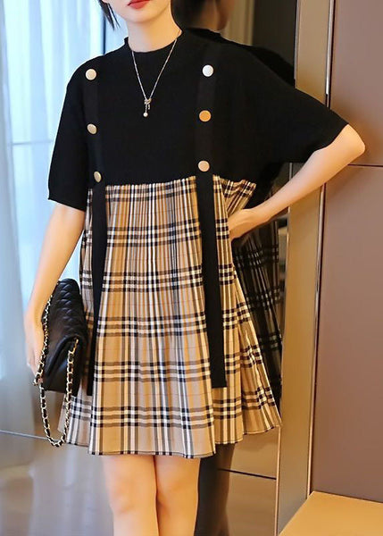 Black Patchwork Knit Fake Two Piece Dress Oversized Plaid Summer LY1448