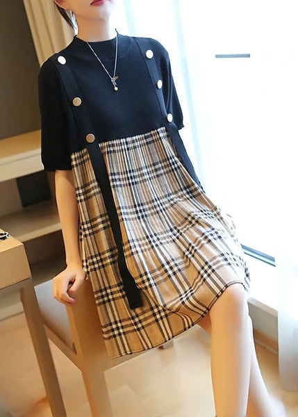 Black Patchwork Knit Fake Two Piece Dress Oversized Plaid Summer LY1448