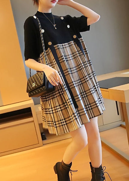 Black Patchwork Knit Fake Two Piece Dress Oversized Plaid Summer LY1448