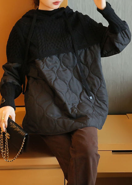 Black Patchwork Knit Pullover Sweatshirt Hooded Drawstring Spring LY1462