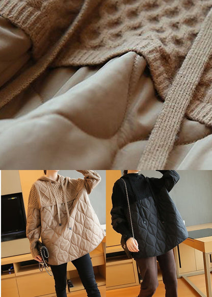 Black Patchwork Knit Pullover Sweatshirt Hooded Drawstring Spring LY1462