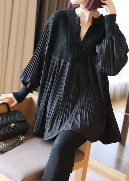 Black Patchwork Knit Tops Oversized Spring LY1453