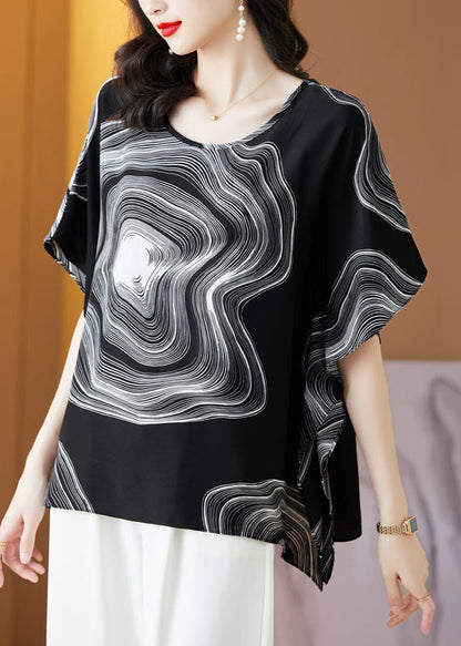 Black Patchwork Print Silk Blouse Tops O Neck Summer LY0482