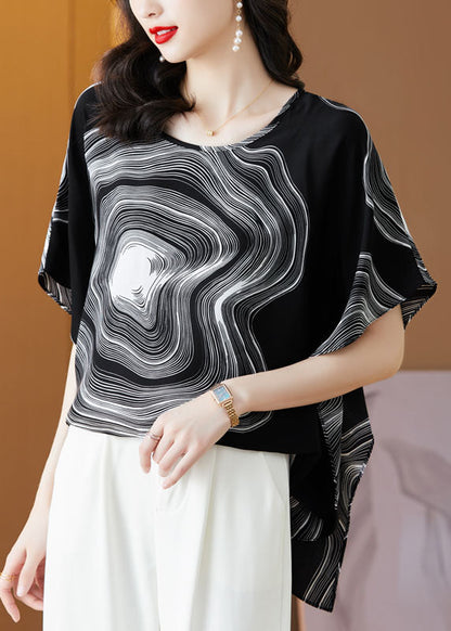 Black Patchwork Print Silk Blouse Tops O Neck Summer LY0482