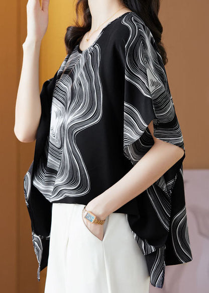 Black Patchwork Print Silk Blouse Tops O Neck Summer LY0482