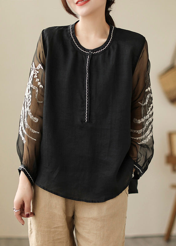 Black Patchwork Side Open Linen Top Long Sleeve AC2013