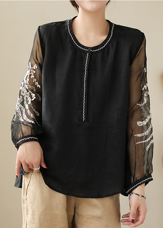 Black Patchwork Side Open Linen Top Long Sleeve AC2013