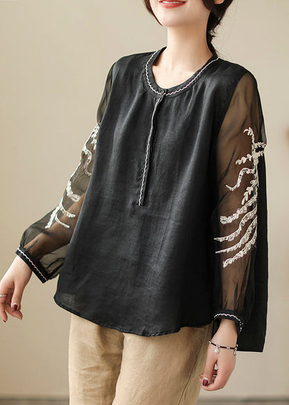 Black Patchwork Side Open Linen Top Long Sleeve AC2013