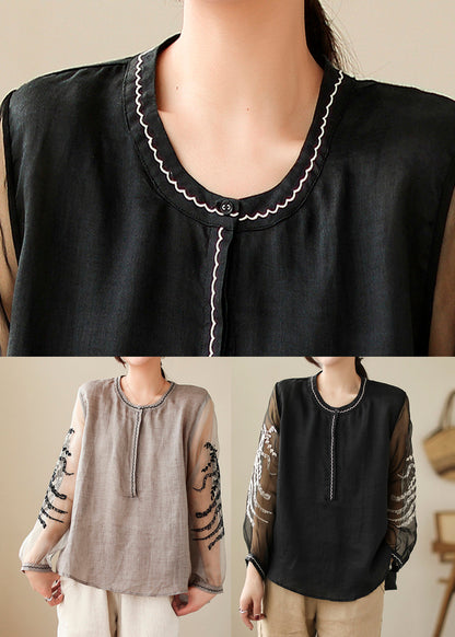 Black Patchwork Side Open Linen Top Long Sleeve AC2013