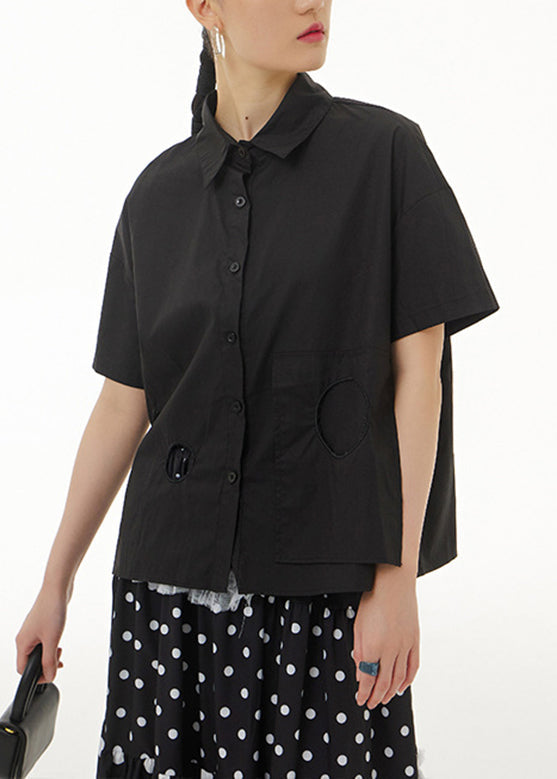 Black Patchwork Solid Cotton Shirt Short Sleeve LY1195