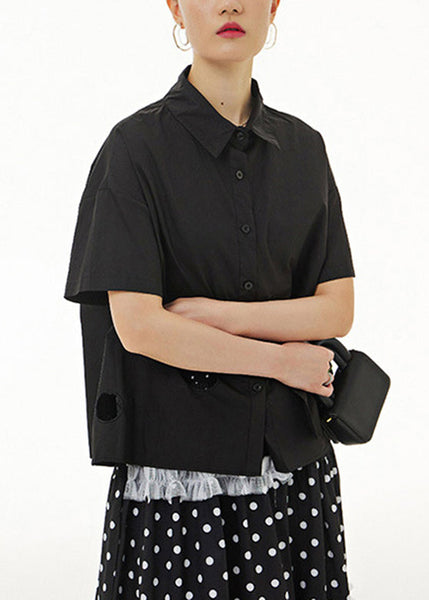 Black Patchwork Solid Cotton Shirt Short Sleeve LY1195