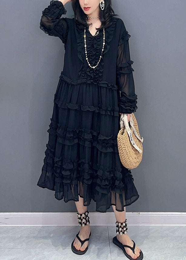 Black Patchwork Solid Holiday Chiffon Maxi Dress Long Sleeve