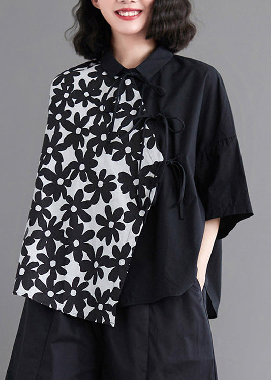 Black Patchwork Tie Waist Shirt Half Sleeve LY0663