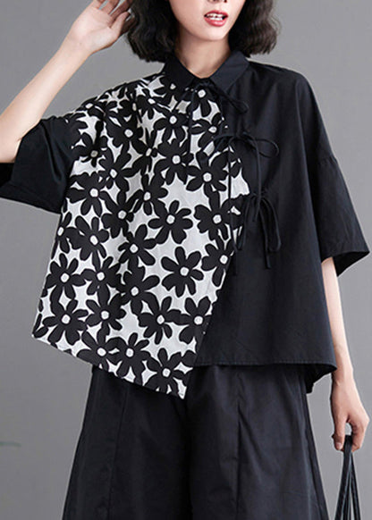 Black Patchwork Tie Waist Shirt AC2087
