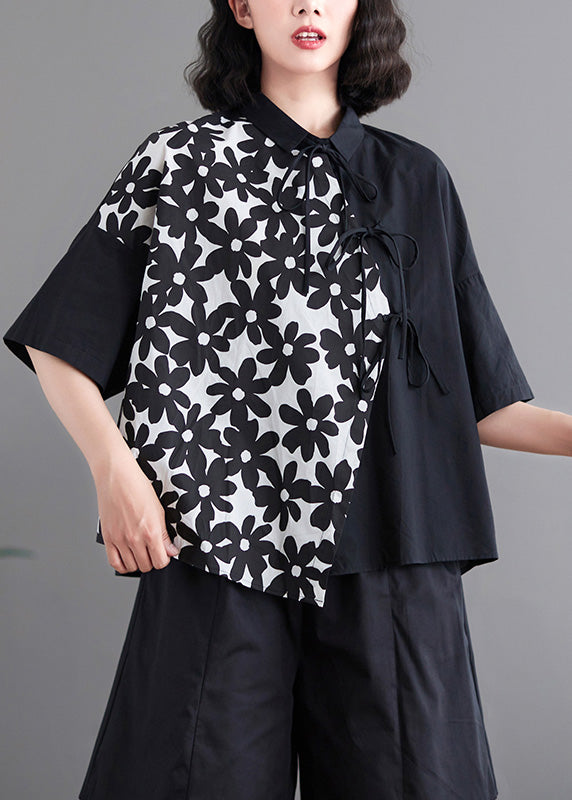 Black Patchwork Tie Waist Shirt AC2087