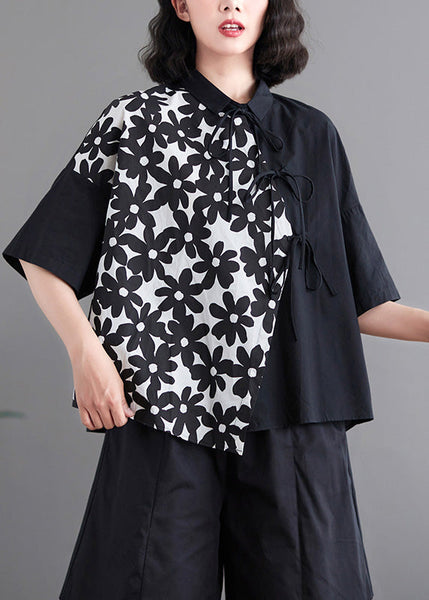 Chemise noire patchwork à nouer à la taille, manches courtes LY0663