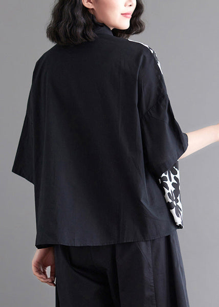 Chemise noire patchwork à nouer à la taille, manches courtes LY0663